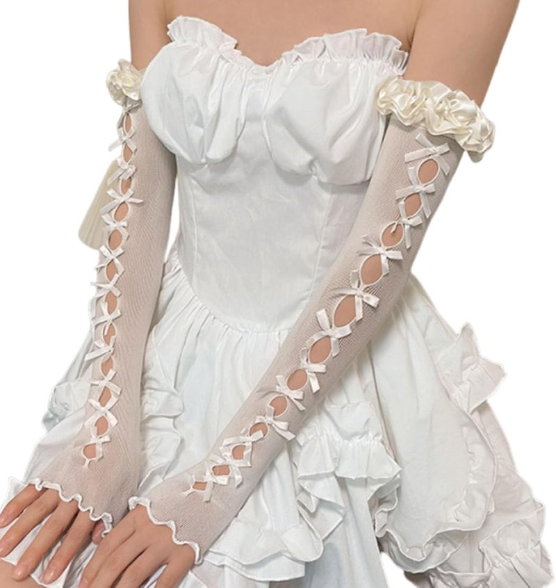 RED-SHYN Lolita Lace Fingerless Gloves Gothic Bow Long Arm Warmers Y2k Tulle Accessories for Women Halloween Wedding Bridal Prom Wrist Cuff - Image 1